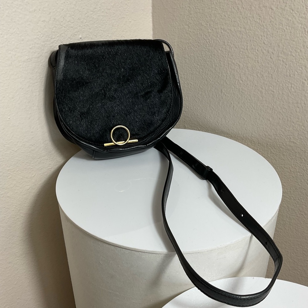 Cuyana Calf Hair Black Leather Crossbody Saddle Bag Gold Accents